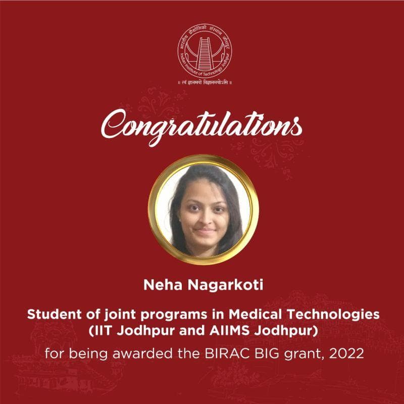 Congratulations poster with a portrait of Neha Nagarkoti for being awarded the BIRAC BIG grant, 2022