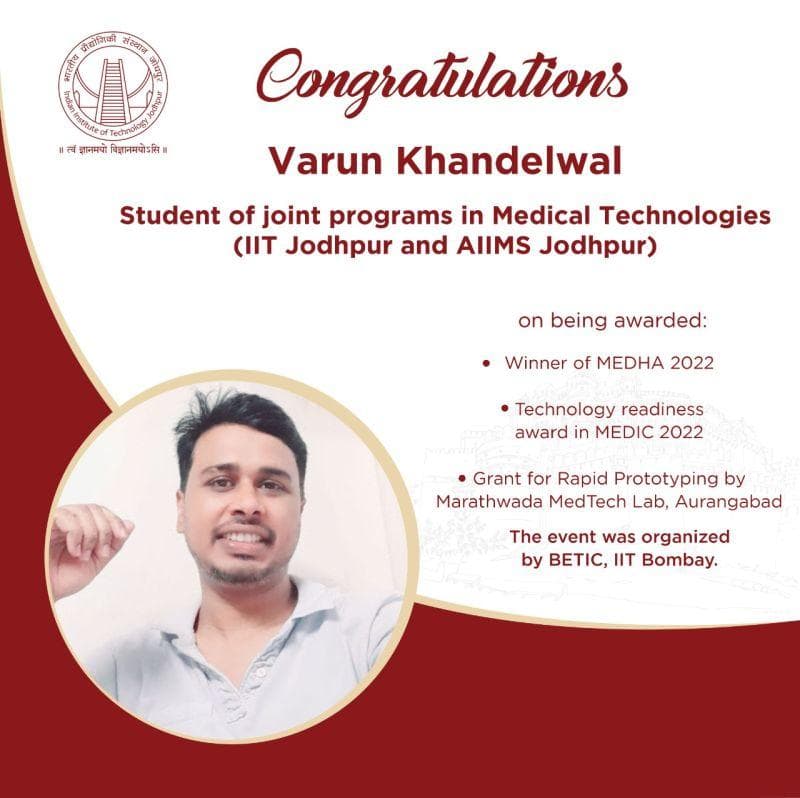 Congratulations poster with a portrait of Varun Khandelwal, winner of MEDHA 2022