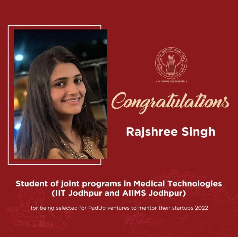 Congratulations poster with a portrait of Rajshree Singh for being selected for PadUp Ventures, 2022
