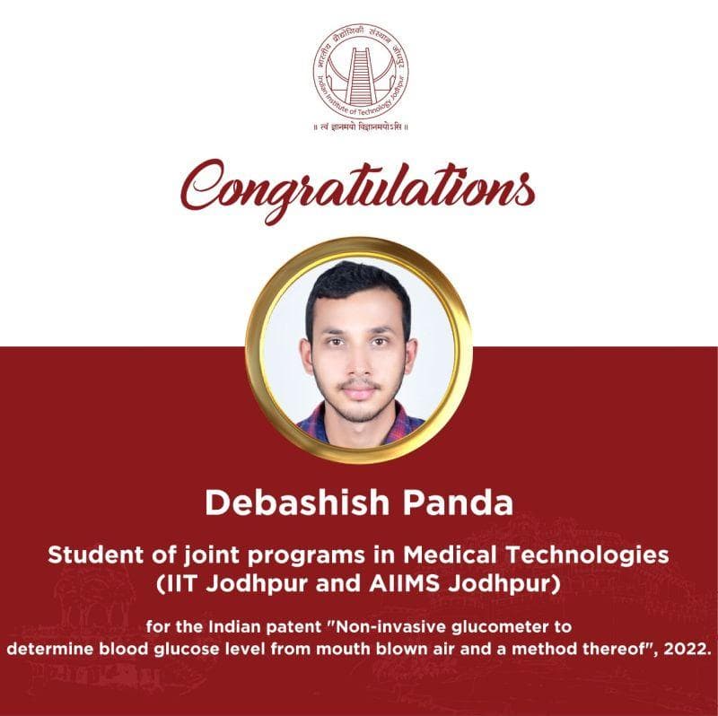 Congratulations poster with a portrait of Debashish Panda for the Indian patent on a non-invasive glucometer, 2022