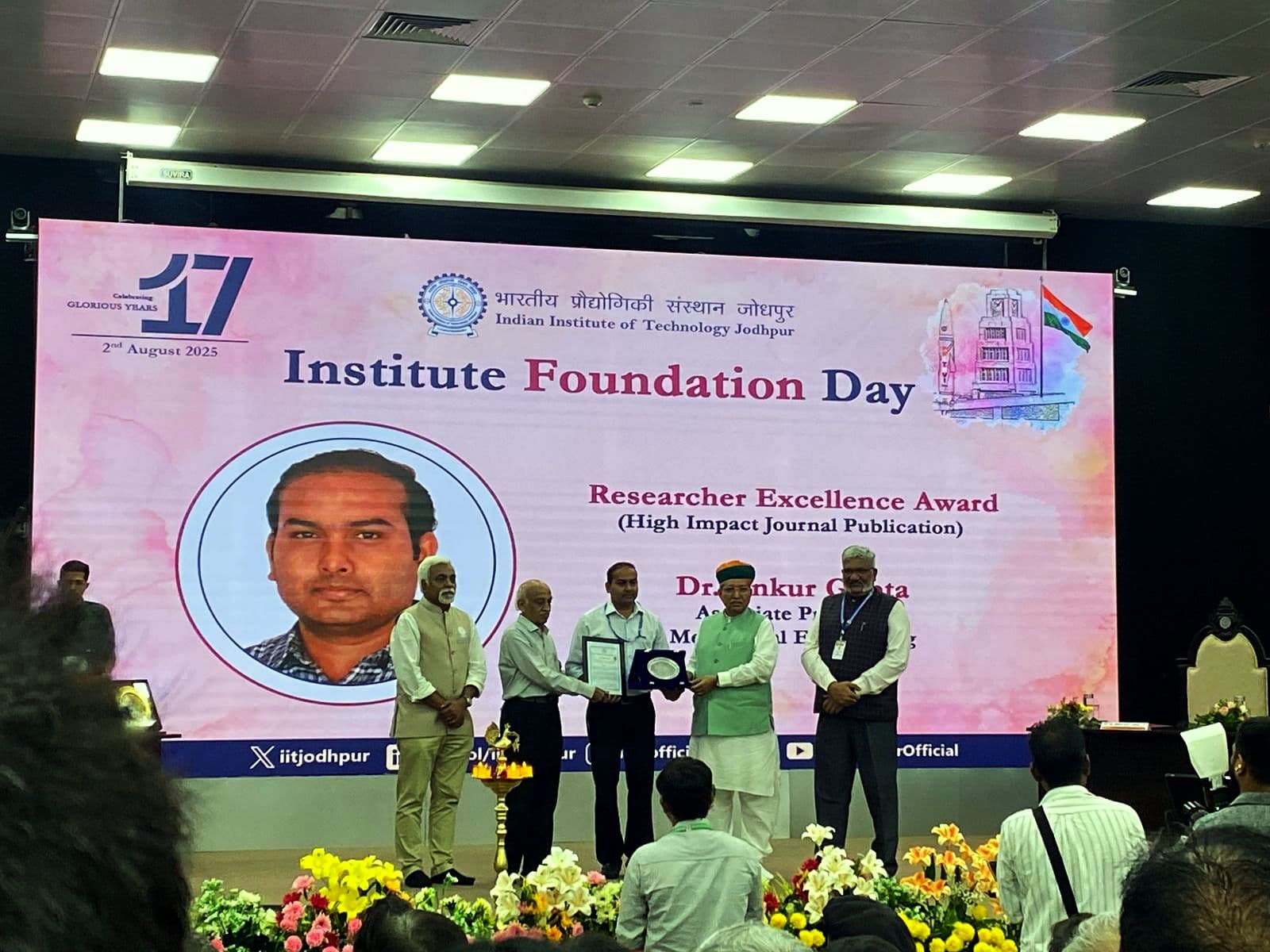 Researcher Excellence Award presentation on stage at IIT Jodhpur Foundation Day